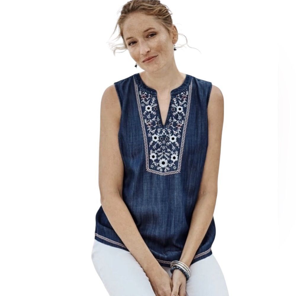 J. Jill denim sleeveless top with floral embroidered details size large